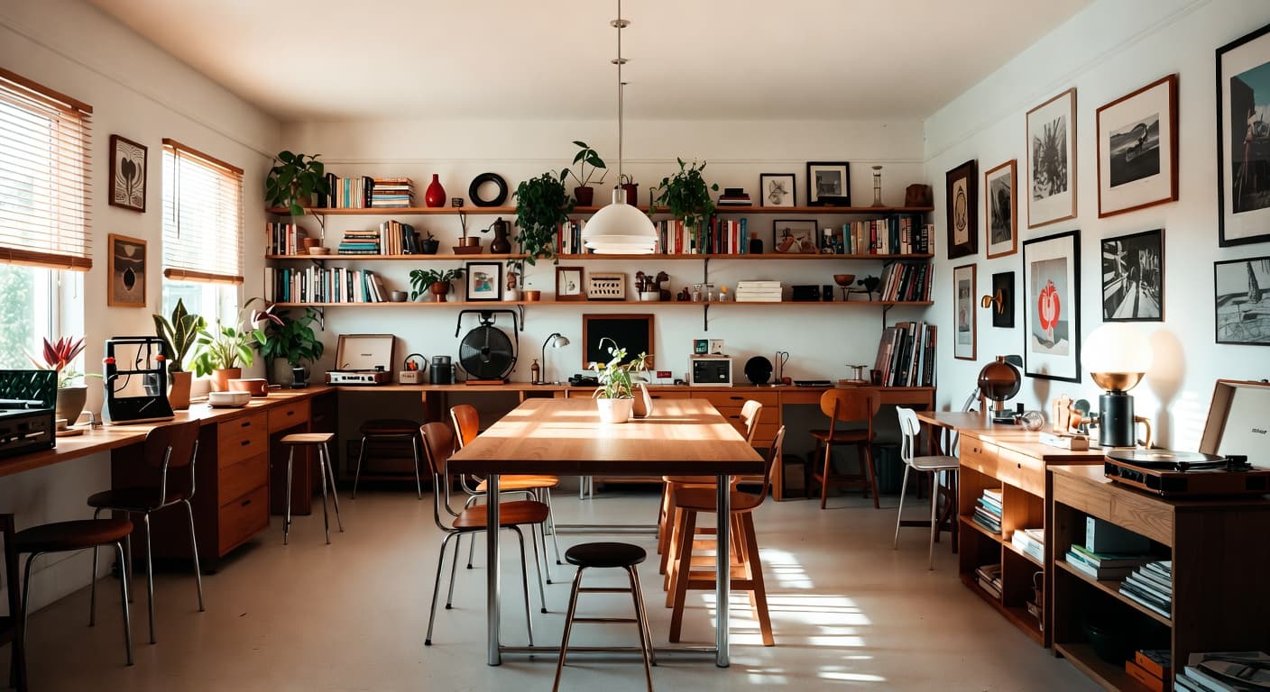 Retro craft room / studio interior design - featuring retro style furniture, decor, colors, and layout ideas for your craft room / studio