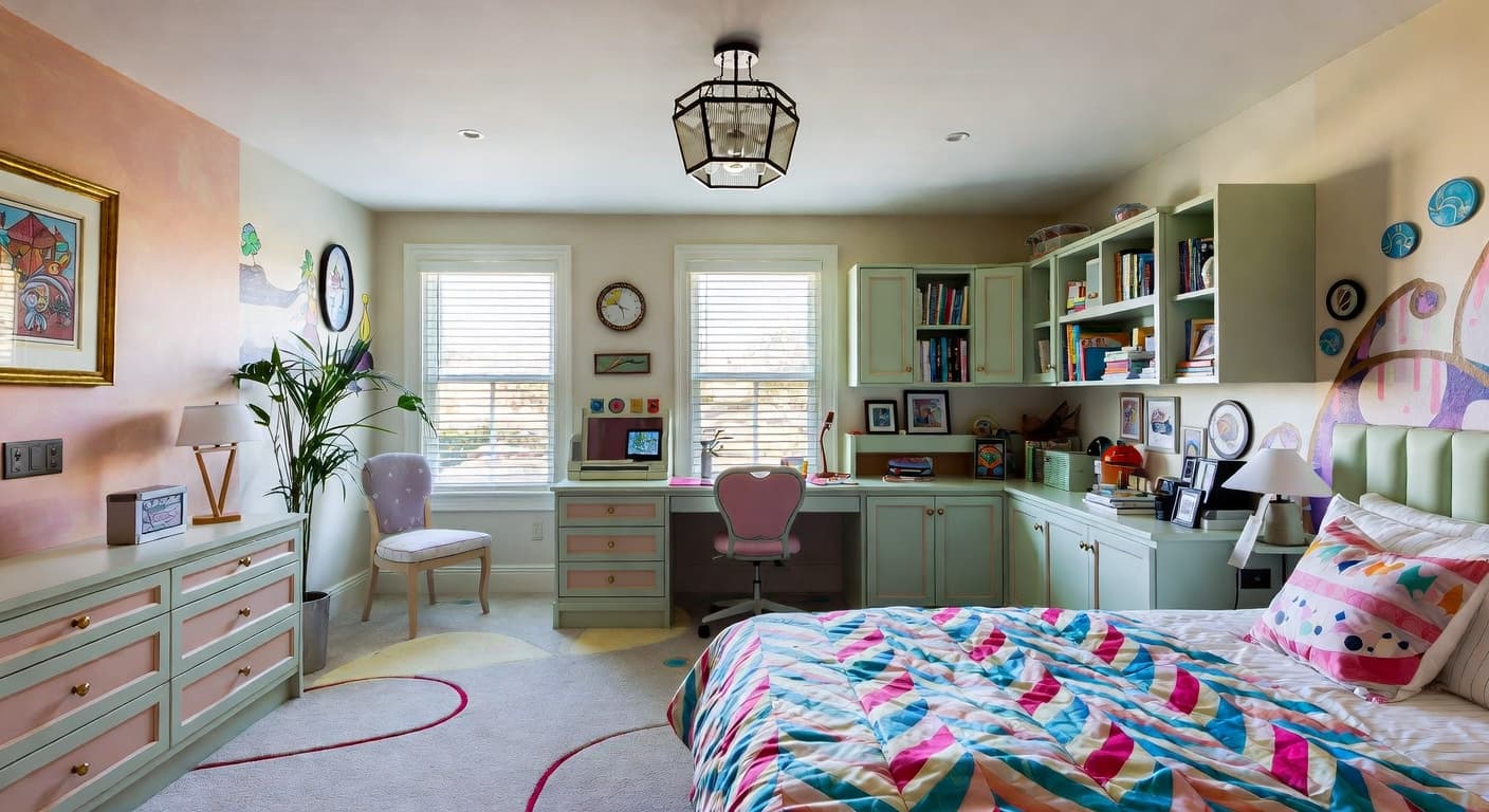 Retro kids room interior design - featuring retro style furniture, decor, colors, and layout ideas for your kids room