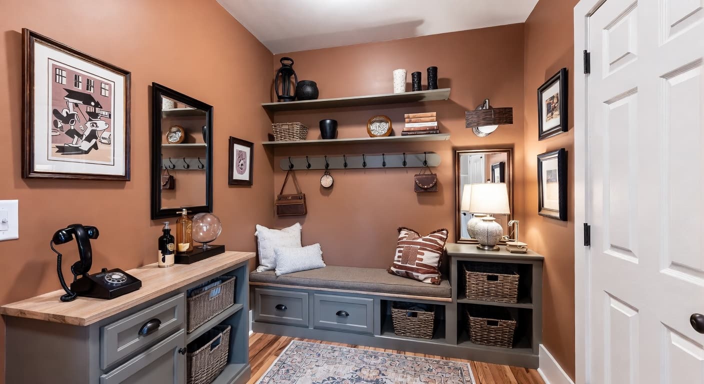 Retro mudroom interior design - featuring retro style furniture, decor, colors, and layout ideas for your mudroom