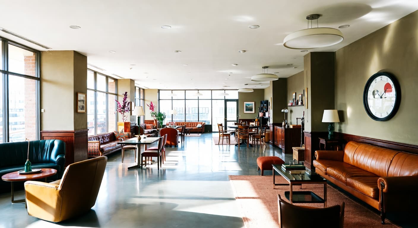 Retro multi-purpose room interior design - featuring retro style furniture, decor, colors, and layout ideas for your multi-purpose room