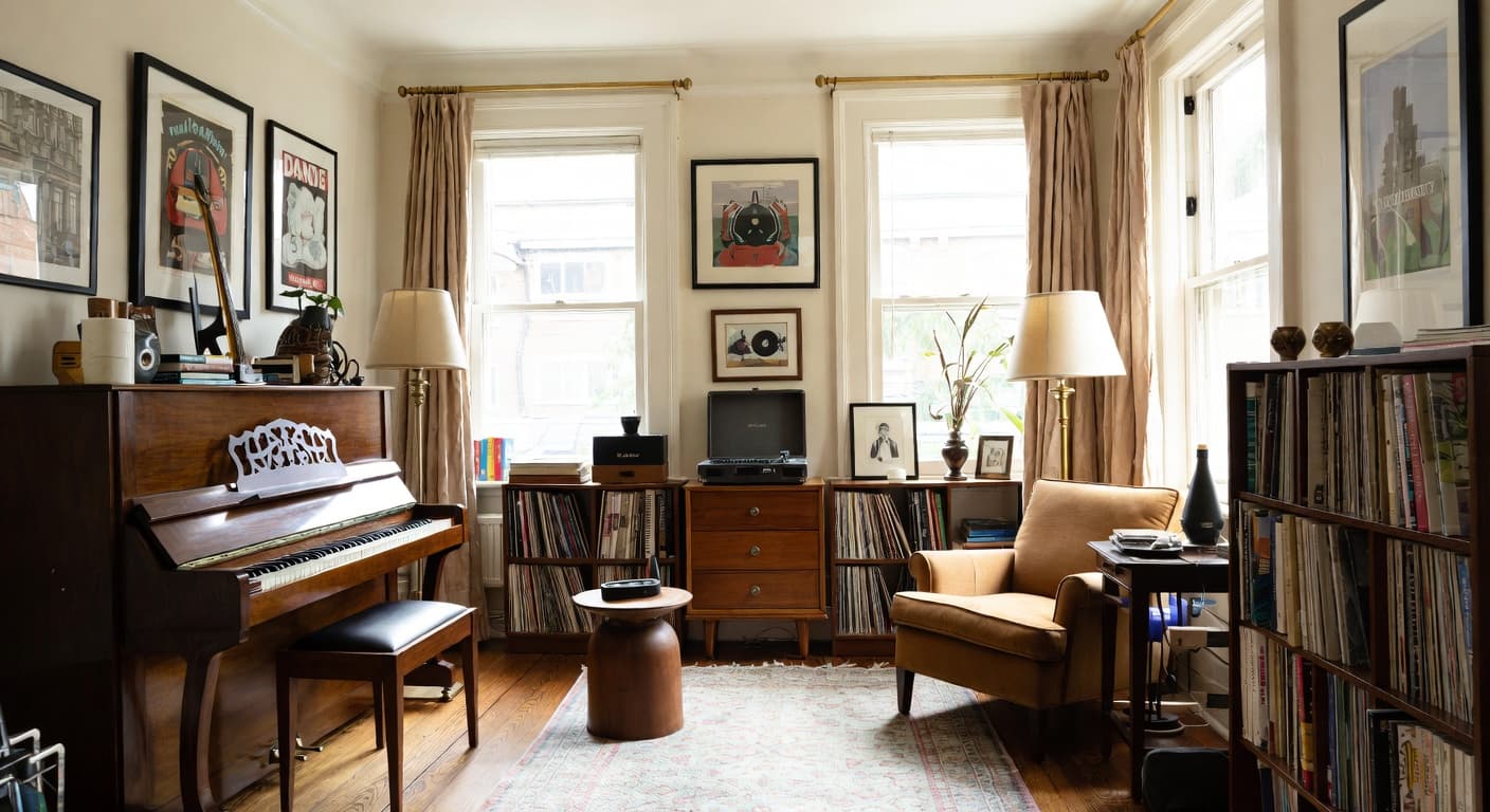 Retro music room interior design - featuring retro style furniture, decor, colors, and layout ideas for your music room