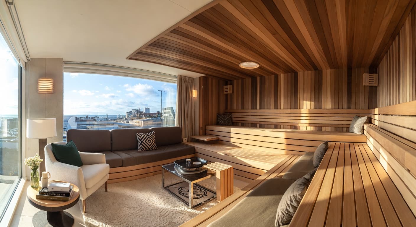 Retro sauna / spa room interior design - featuring retro style furniture, decor, colors, and layout ideas for your sauna / spa room