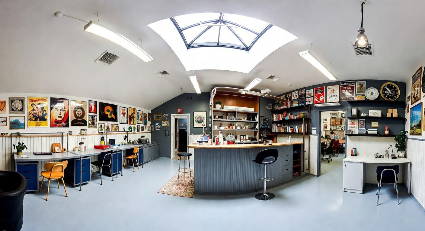 Retro workshop interior design - featuring retro style furniture, decor, colors, and layout ideas for your workshop