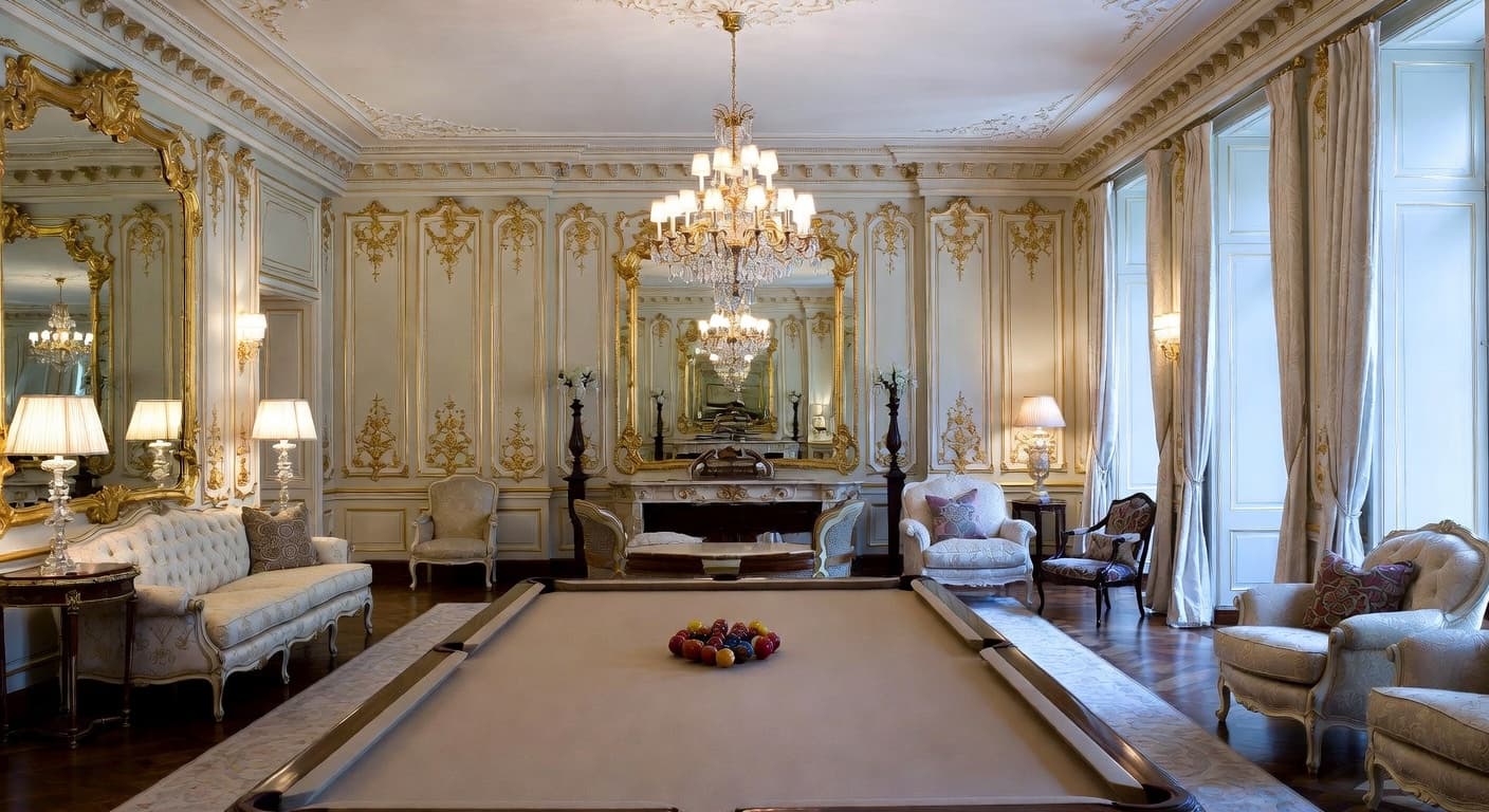 Rococo billiards room interior design - featuring rococo style furniture, decor, colors, and layout ideas for your billiards room