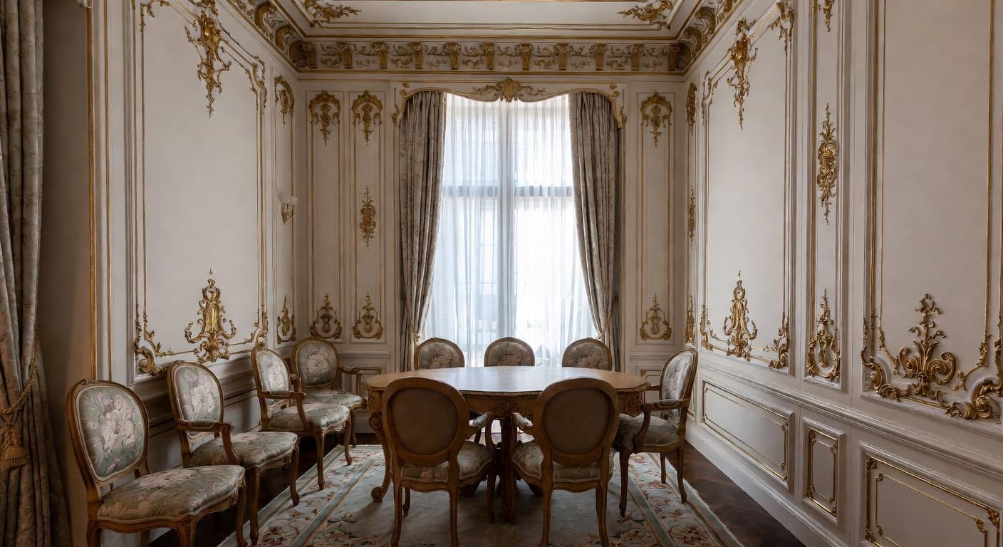 Rococo breakfast nook interior design - featuring rococo style furniture, decor, colors, and layout ideas for your breakfast nook