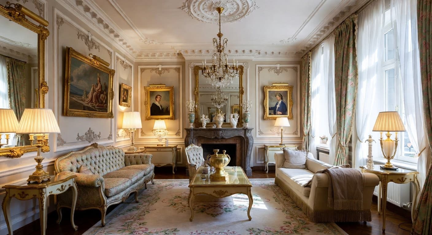 Rococo craft room / studio interior design - featuring rococo style furniture, decor, colors, and layout ideas for your craft room / studio