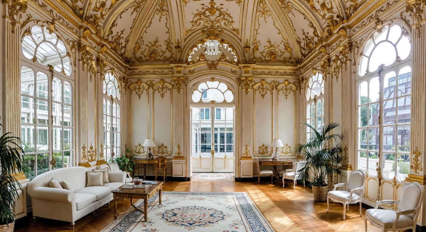 Rococo greenhouse interior design - featuring rococo style furniture, decor, colors, and layout ideas for your greenhouse