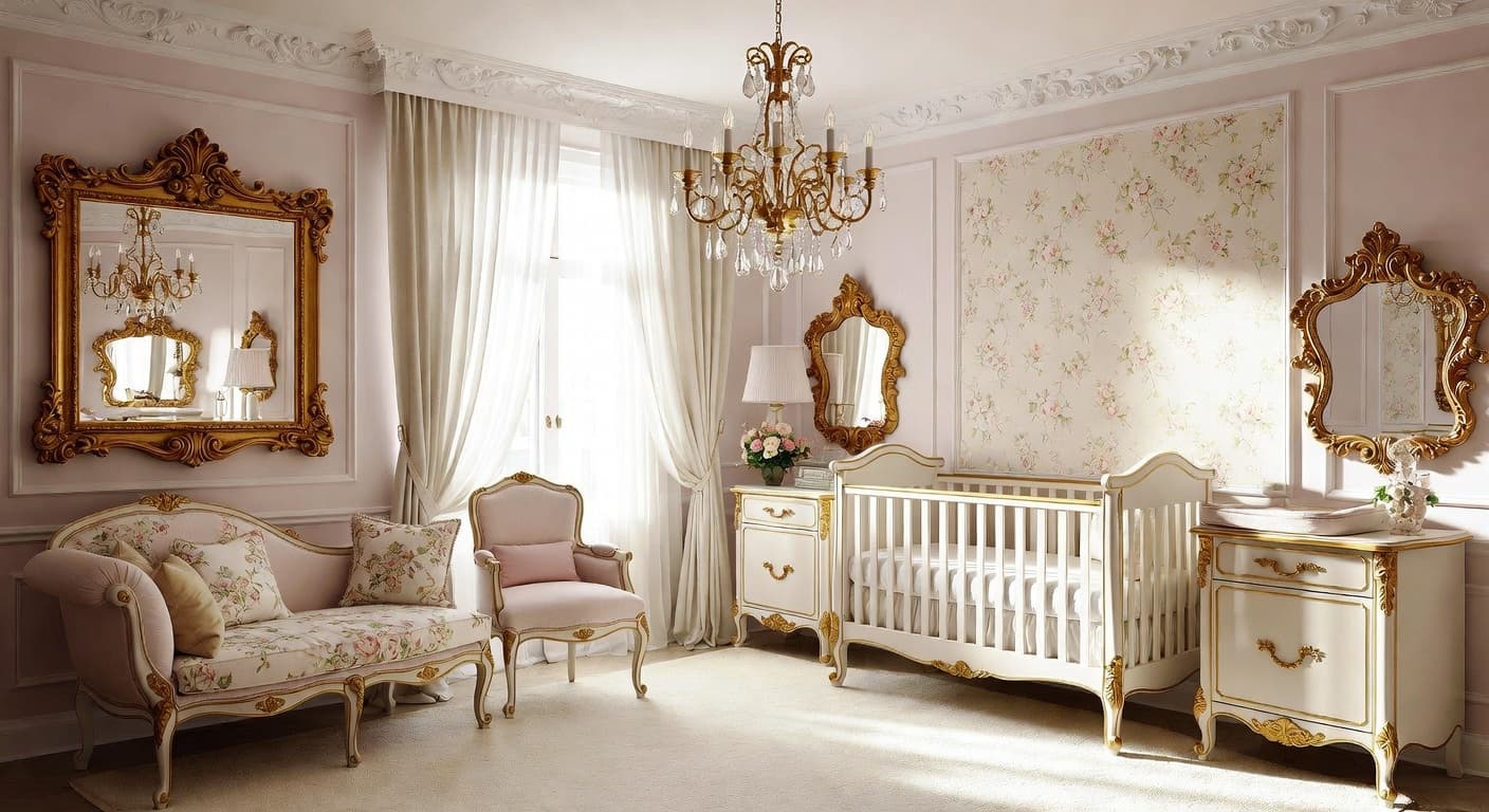 Rococo nursery interior design - featuring rococo style furniture, decor, colors, and layout ideas for your nursery