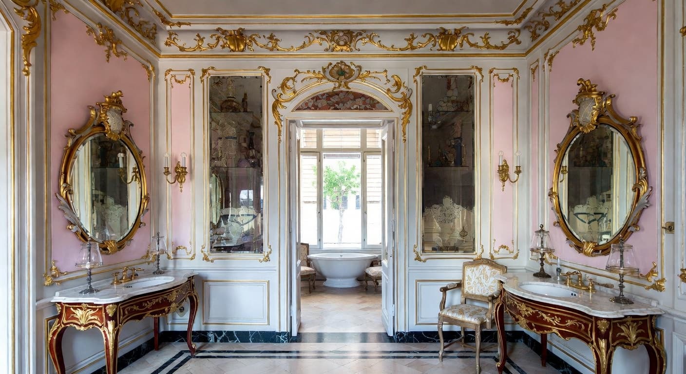 Rococo powder room interior design - featuring rococo style furniture, decor, colors, and layout ideas for your powder room