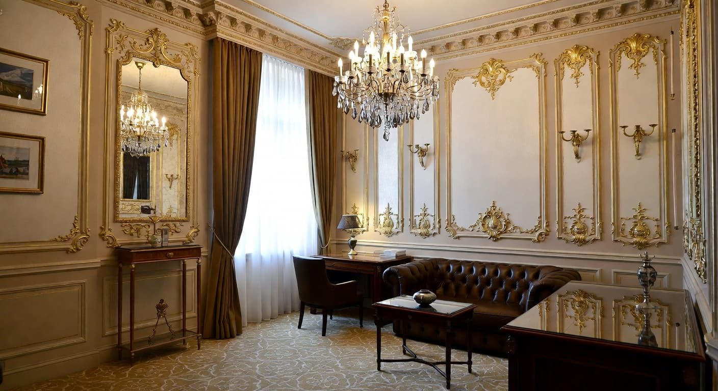 Rococo smoking room / cigar lounge interior design - featuring rococo style furniture, decor, colors, and layout ideas for your smoking room / cigar lounge