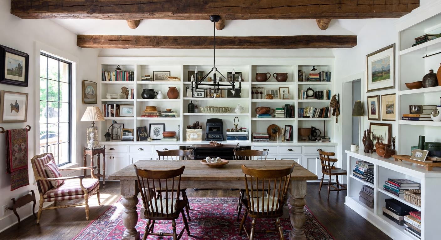 Rustic craft room / studio interior design - featuring rustic style furniture, decor, colors, and layout ideas for your craft room / studio