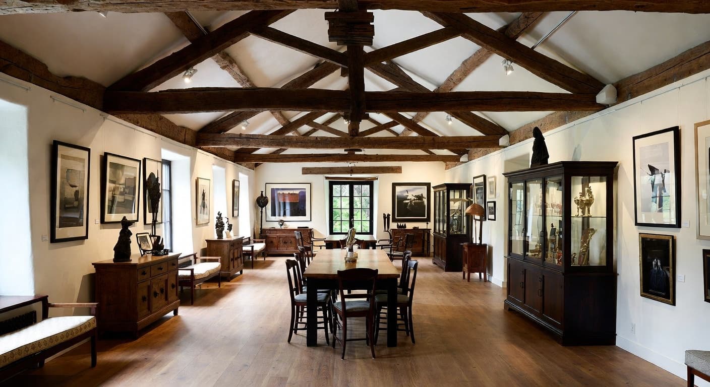 Rustic gallery / art display interior design - featuring rustic style furniture, decor, colors, and layout ideas for your gallery / art display