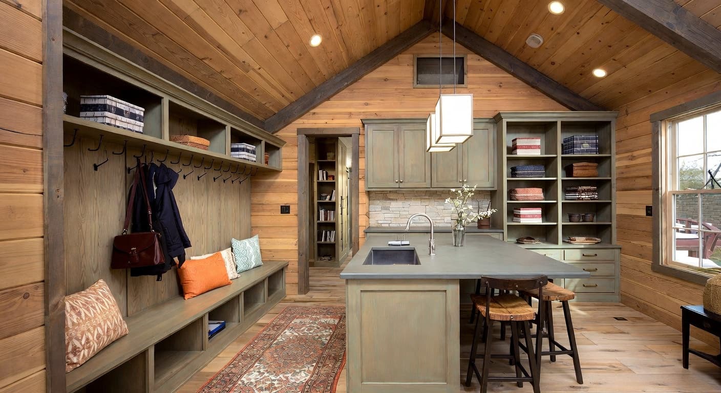 Rustic mudroom interior design - featuring rustic style furniture, decor, colors, and layout ideas for your mudroom