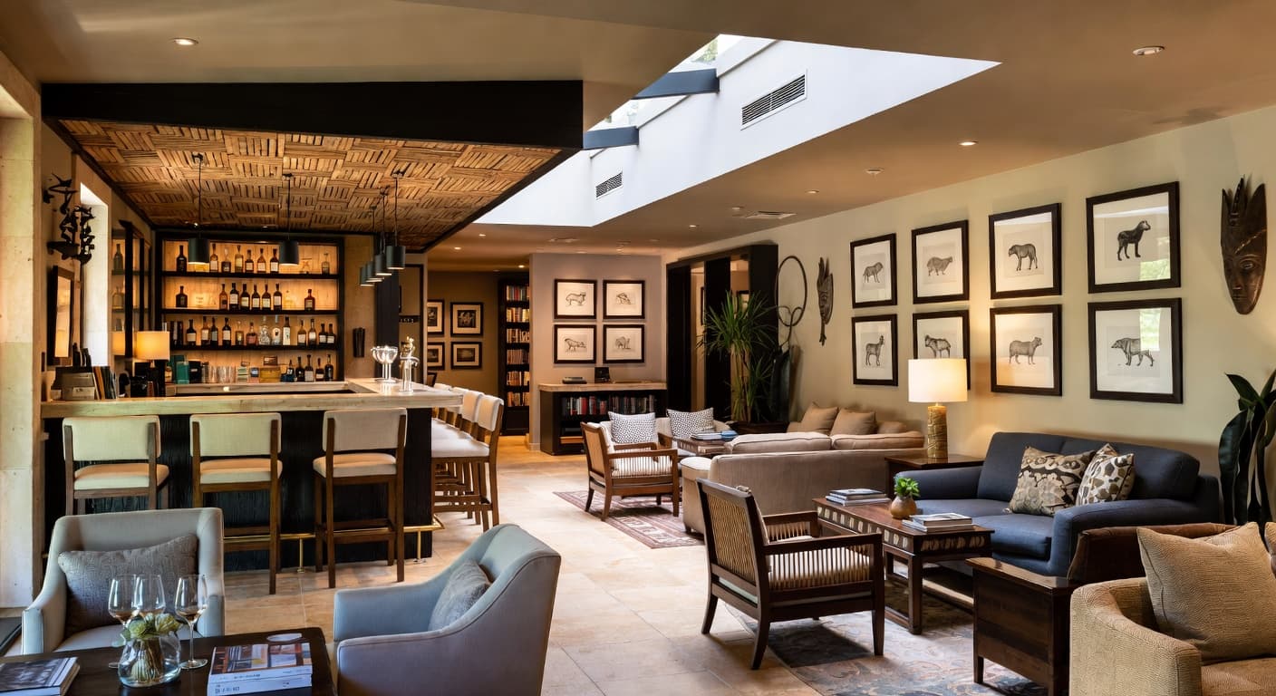 Safari bar room interior design - featuring safari style furniture, decor, colors, and layout ideas for your bar room