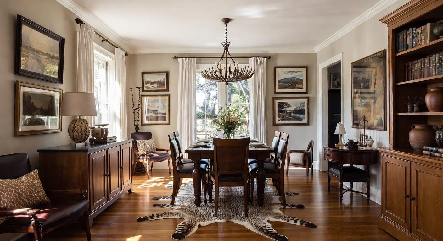 Safari breakfast nook interior design - featuring safari style furniture, decor, colors, and layout ideas for your breakfast nook