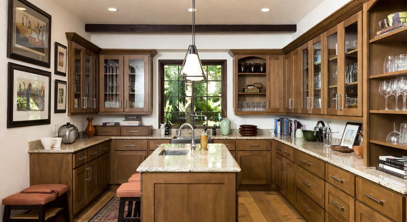 Safari butler's pantry interior design - featuring safari style furniture, decor, colors, and layout ideas for your butler's pantry