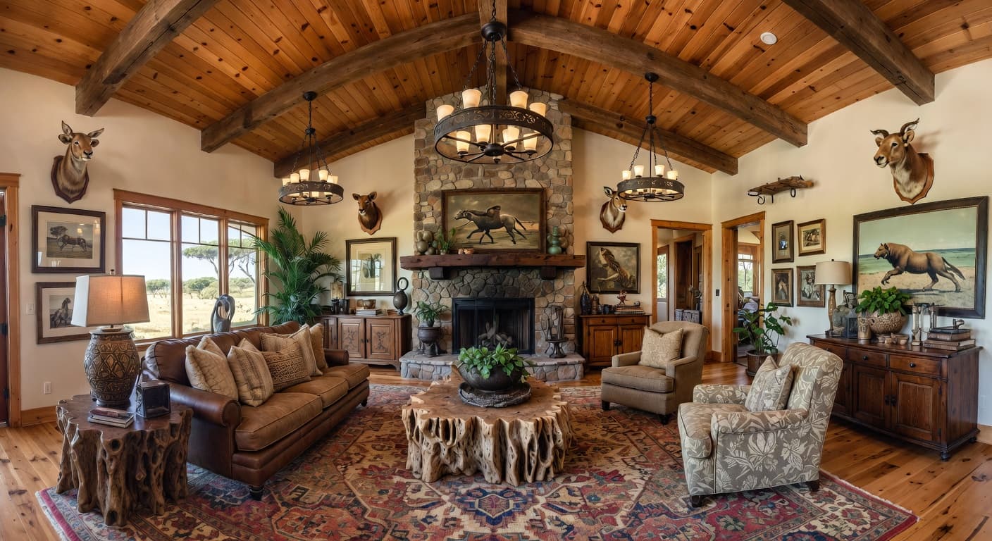 Safari game room interior design - featuring safari style furniture, decor, colors, and layout ideas for your game room