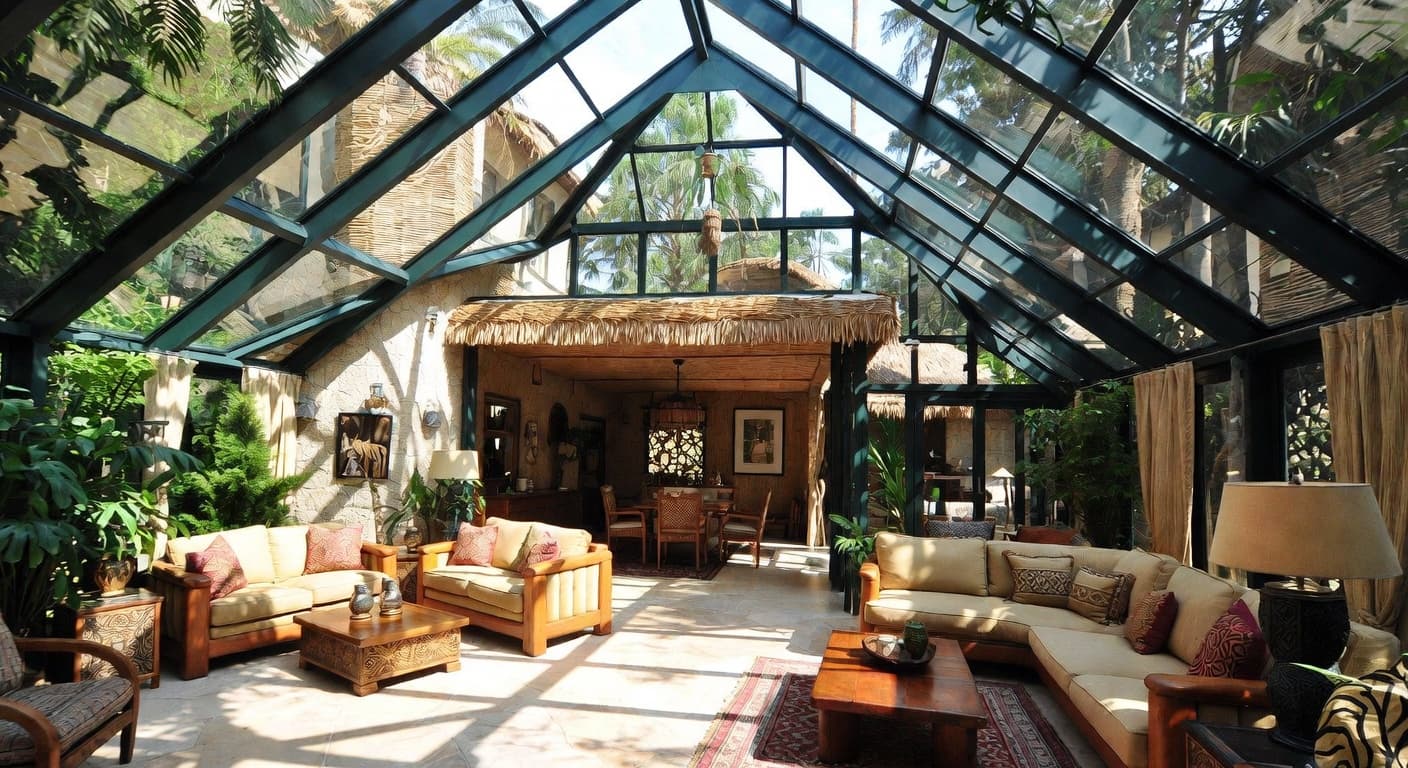 Safari greenhouse interior design - featuring safari style furniture, decor, colors, and layout ideas for your greenhouse