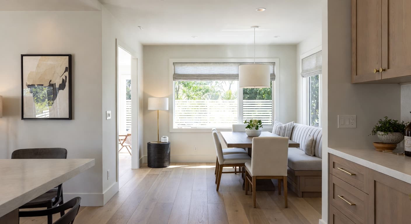 Scandifornian breakfast nook interior design - featuring scandifornian style furniture, decor, colors, and layout ideas for your breakfast nook