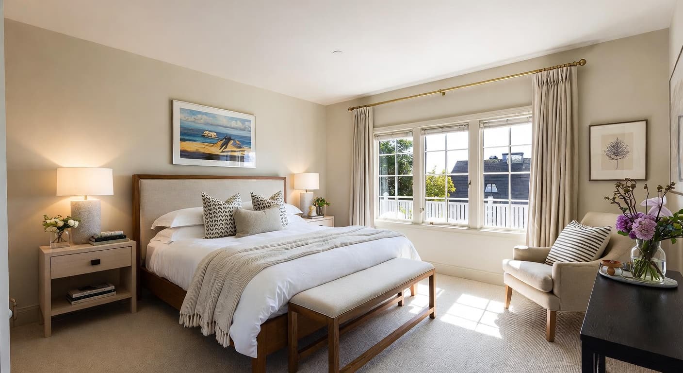 Scandifornian guest room interior design - featuring scandifornian style furniture, decor, colors, and layout ideas for your guest room