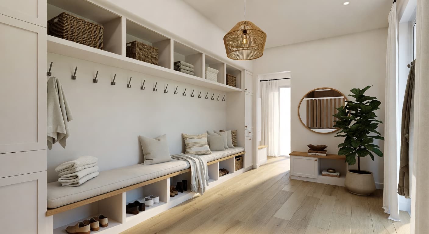 Scandifornian mudroom interior design - featuring scandifornian style furniture, decor, colors, and layout ideas for your mudroom