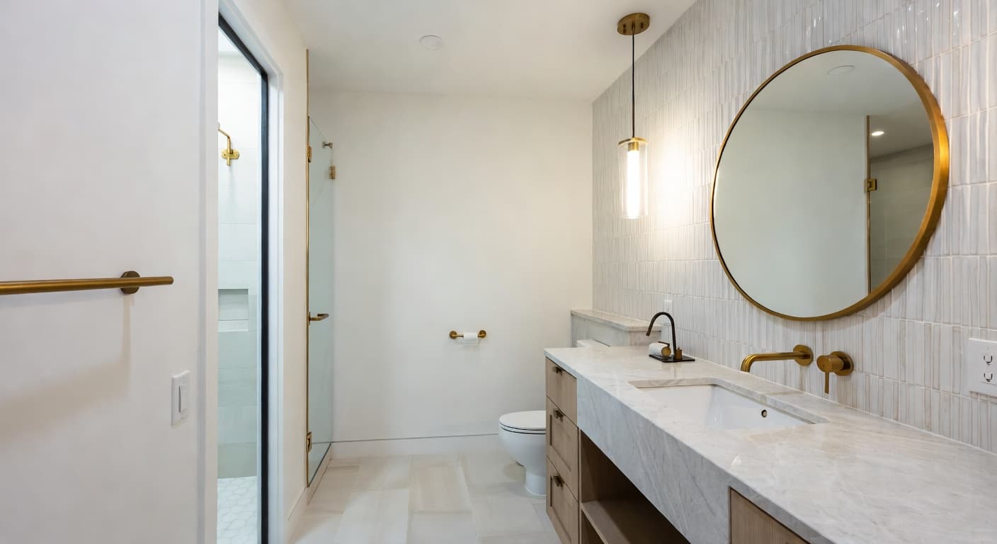 Scandifornian powder room interior design - featuring scandifornian style furniture, decor, colors, and layout ideas for your powder room