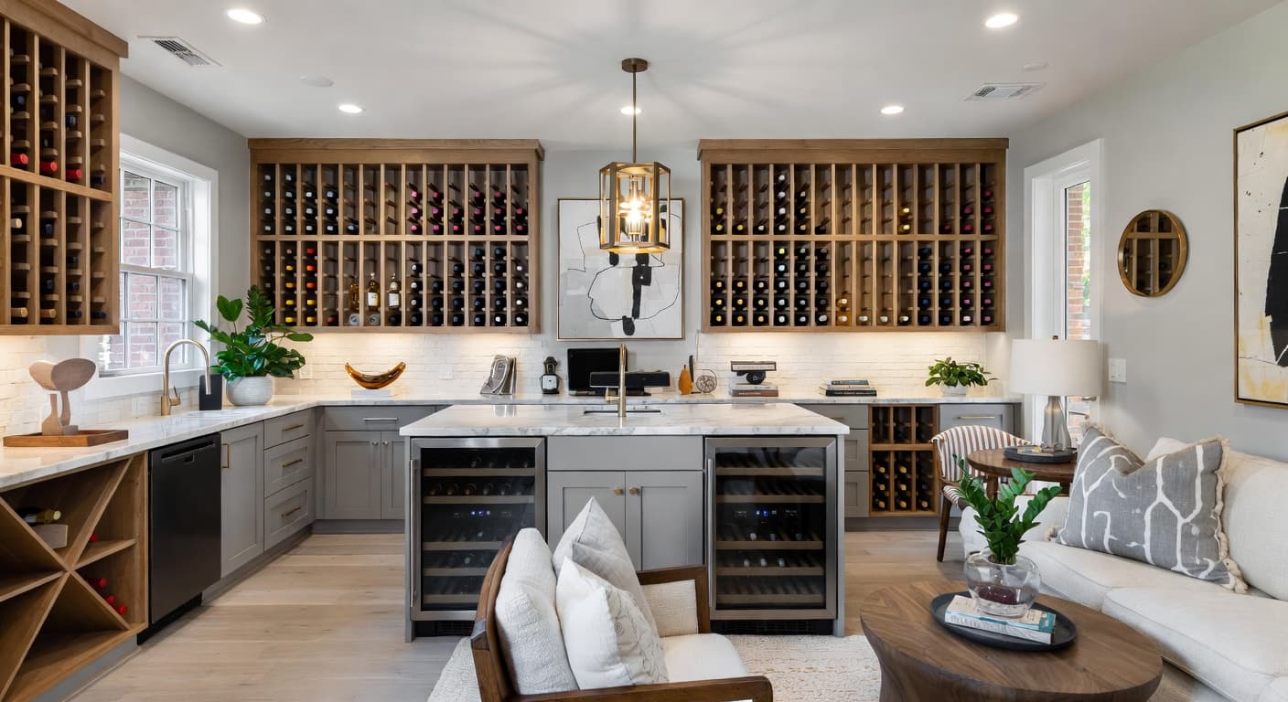 Scandifornian wine cellar interior design - featuring scandifornian style furniture, decor, colors, and layout ideas for your wine cellar