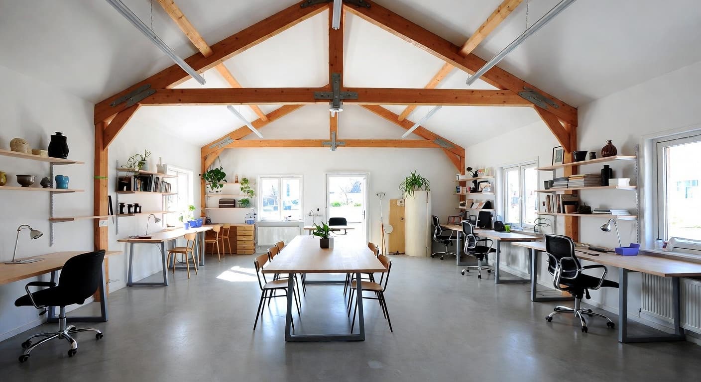 Scandifornian workshop interior design - featuring scandifornian style furniture, decor, colors, and layout ideas for your workshop