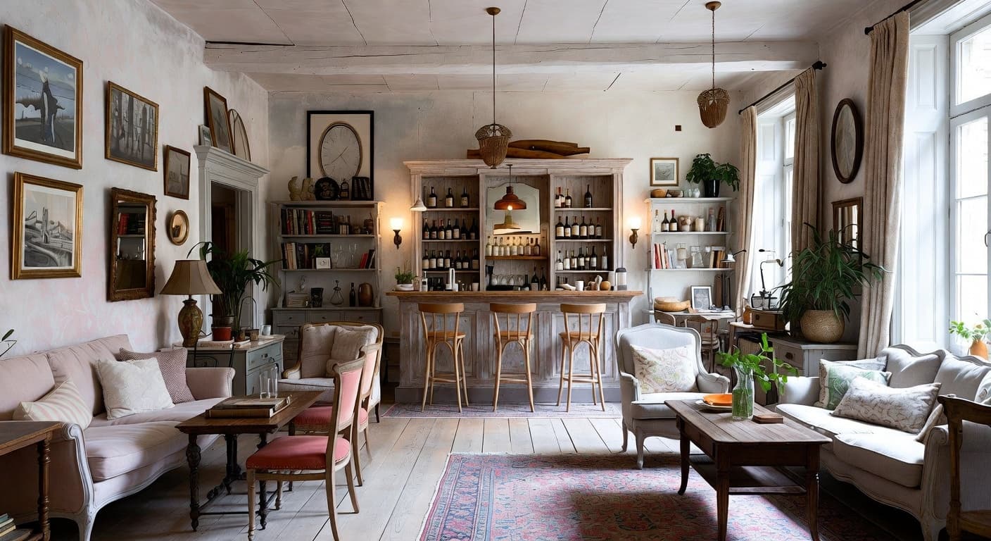 Shabby Chic bar room interior design - featuring shabby chic style furniture, decor, colors, and layout ideas for your bar room