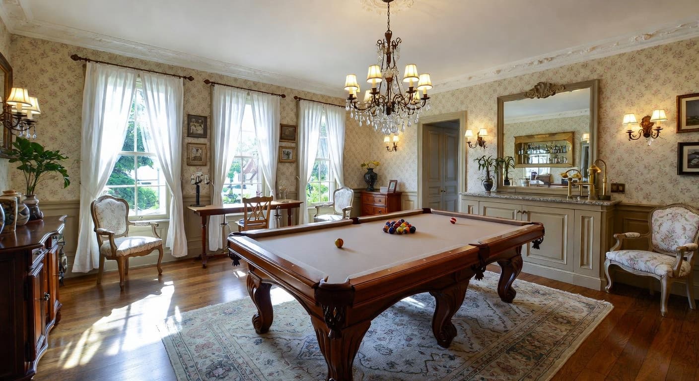 Shabby Chic billiards room interior design - featuring shabby chic style furniture, decor, colors, and layout ideas for your billiards room