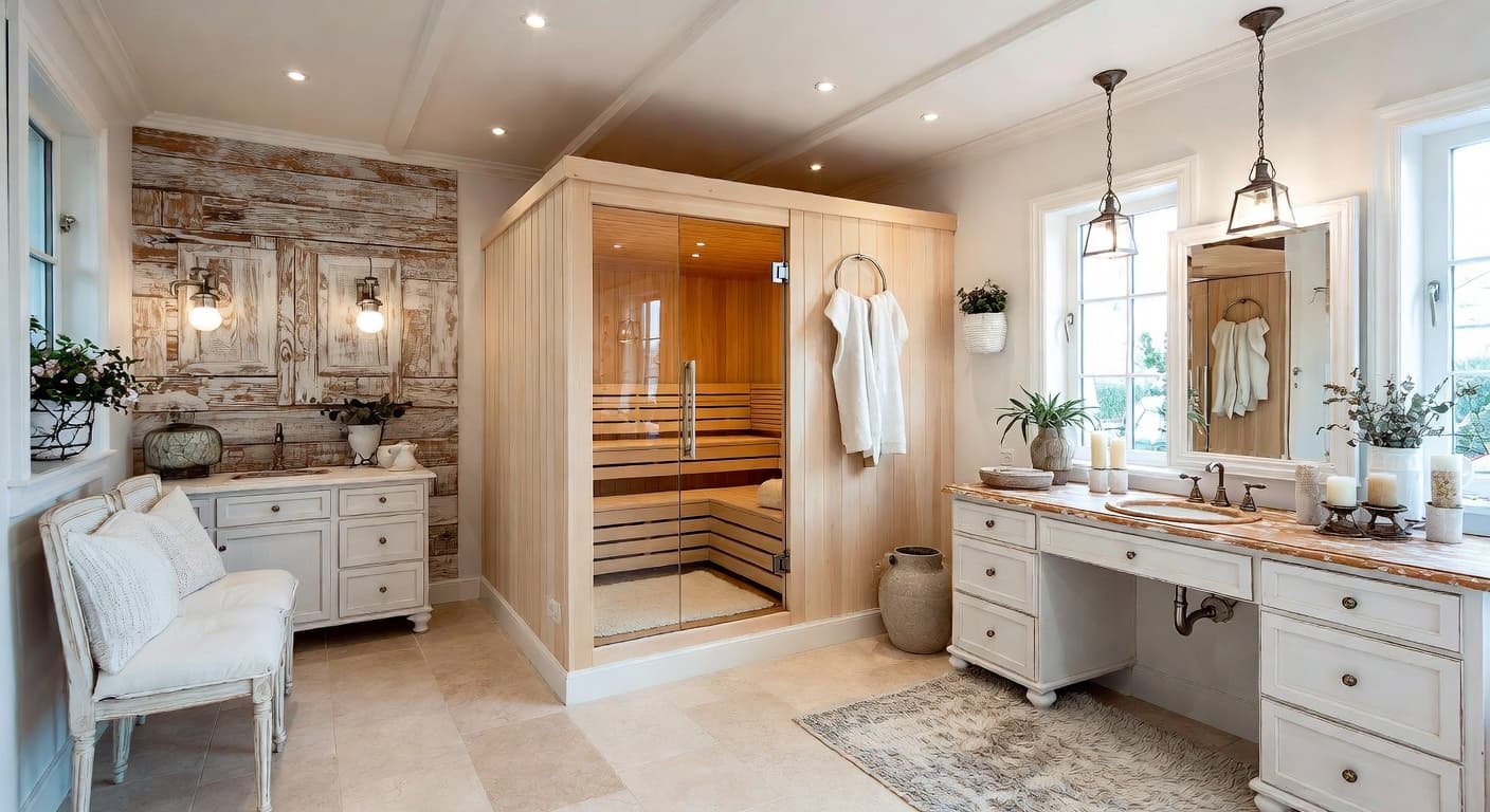 Shabby Chic sauna / spa room interior design - featuring shabby chic style furniture, decor, colors, and layout ideas for your sauna / spa room