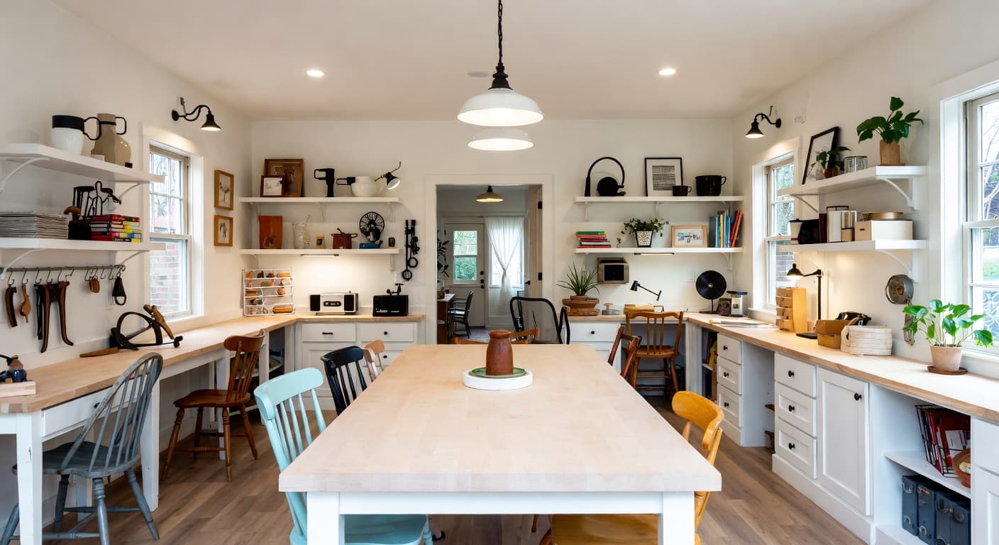 Shaker craft room / studio interior design - featuring shaker style furniture, decor, colors, and layout ideas for your craft room / studio