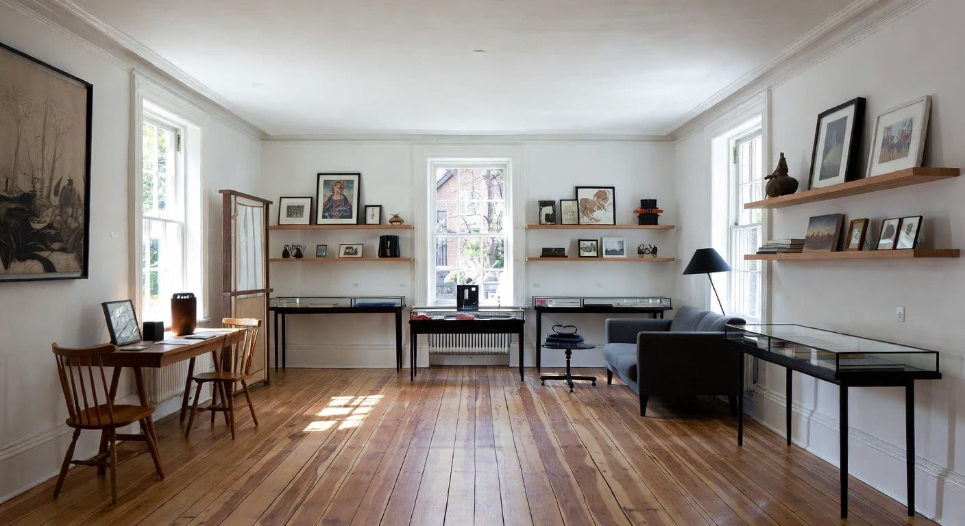 Shaker gallery / art display interior design - featuring shaker style furniture, decor, colors, and layout ideas for your gallery / art display