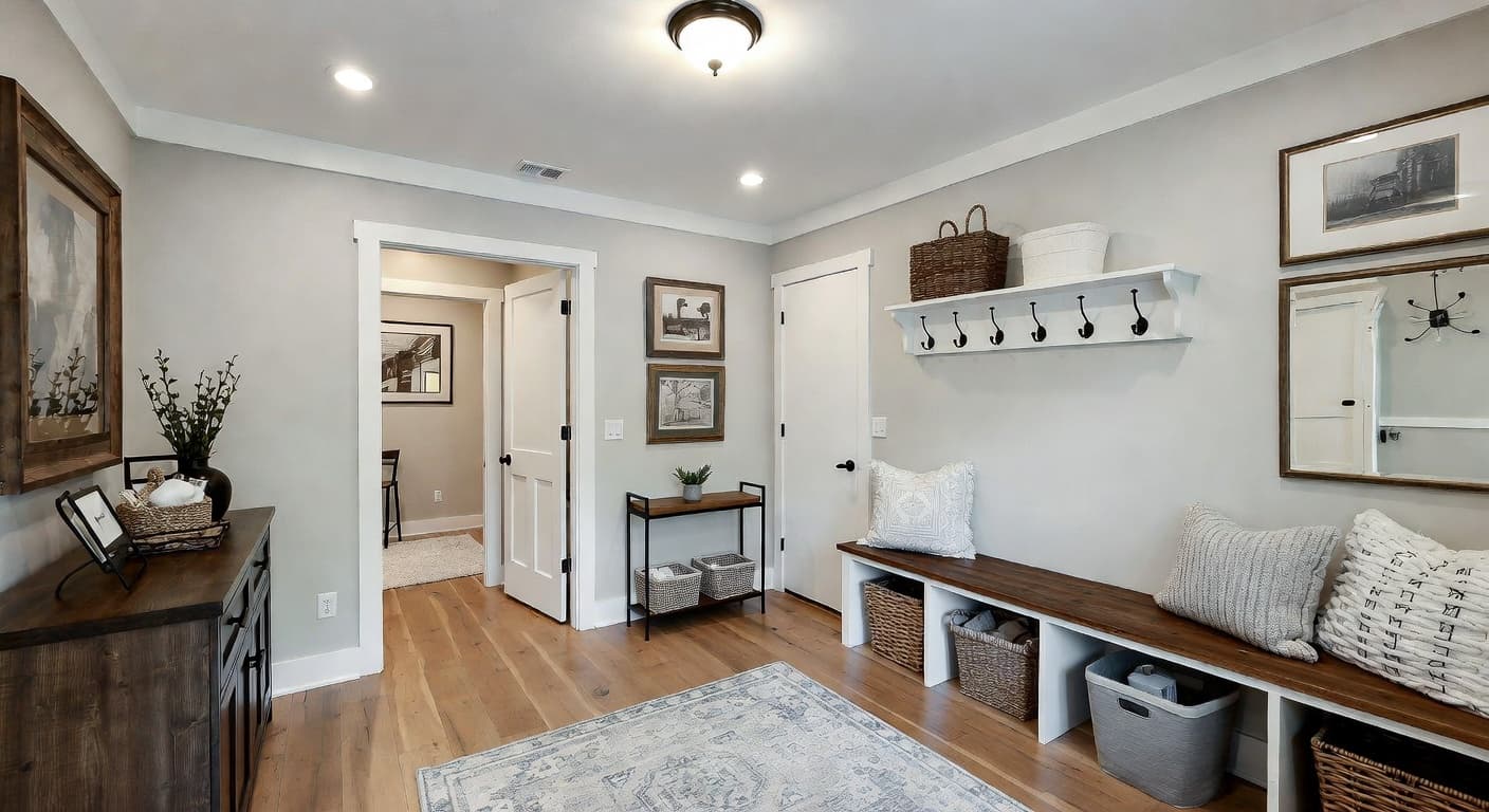 Shaker mudroom interior design - featuring shaker style furniture, decor, colors, and layout ideas for your mudroom