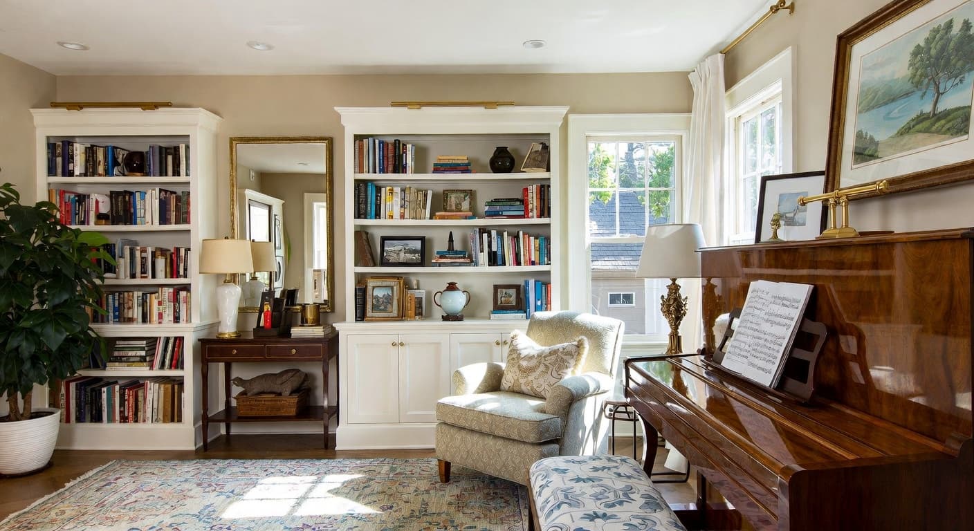 Shaker music room interior design - featuring shaker style furniture, decor, colors, and layout ideas for your music room