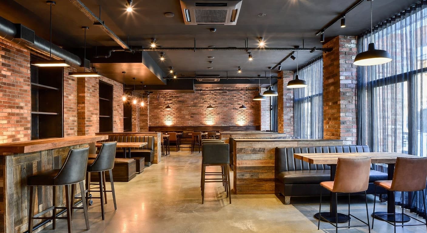 Soft Industrial bar room interior design - featuring soft industrial style furniture, decor, colors, and layout ideas for your bar room