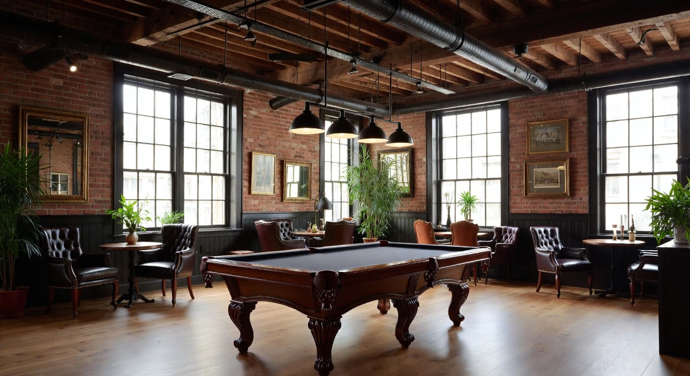 Soft Industrial billiards room interior design - featuring soft industrial style furniture, decor, colors, and layout ideas for your billiards room