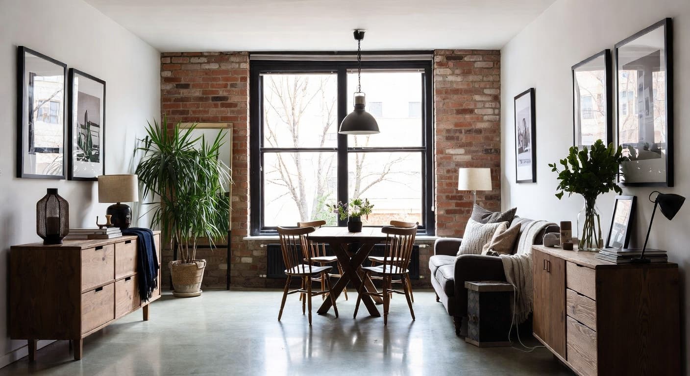 Soft Industrial breakfast nook interior design - featuring soft industrial style furniture, decor, colors, and layout ideas for your breakfast nook