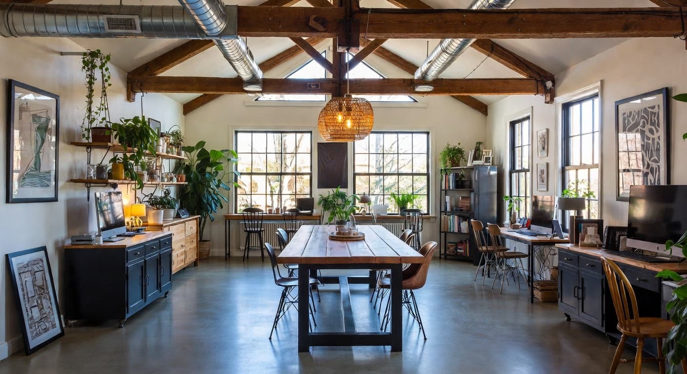 Soft Industrial craft room / studio interior design - featuring soft industrial style furniture, decor, colors, and layout ideas for your craft room / studio