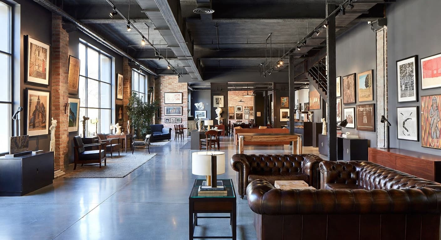 Soft Industrial gallery / art display interior design - featuring soft industrial style furniture, decor, colors, and layout ideas for your gallery / art display