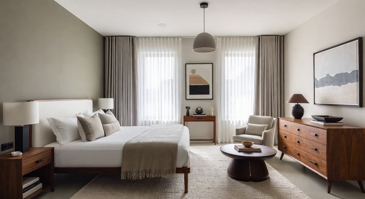 Soft Industrial guest room interior design - featuring soft industrial style furniture, decor, colors, and layout ideas for your guest room