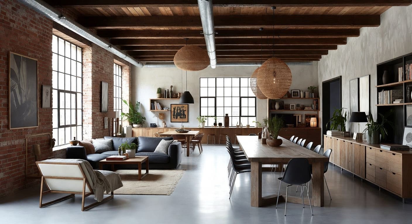Soft Industrial outdoor space interior design - featuring soft industrial style furniture, decor, colors, and layout ideas for your outdoor space