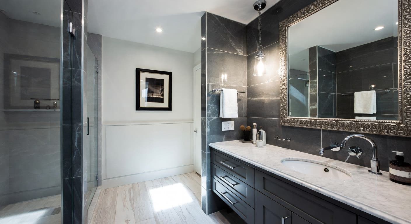 Soft Industrial powder room interior design - featuring soft industrial style furniture, decor, colors, and layout ideas for your powder room