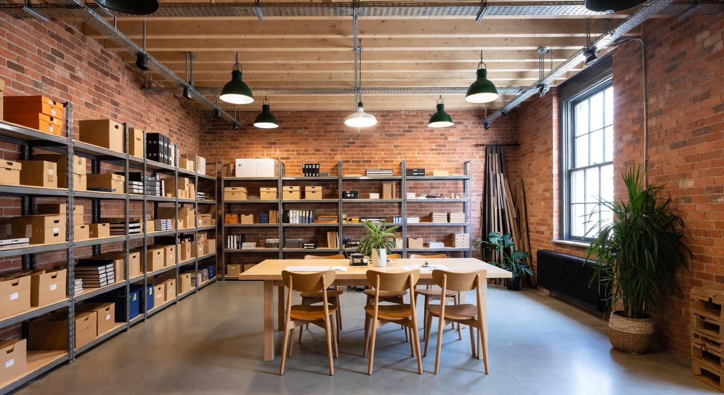 Soft Industrial storage room interior design - featuring soft industrial style furniture, decor, colors, and layout ideas for your storage room