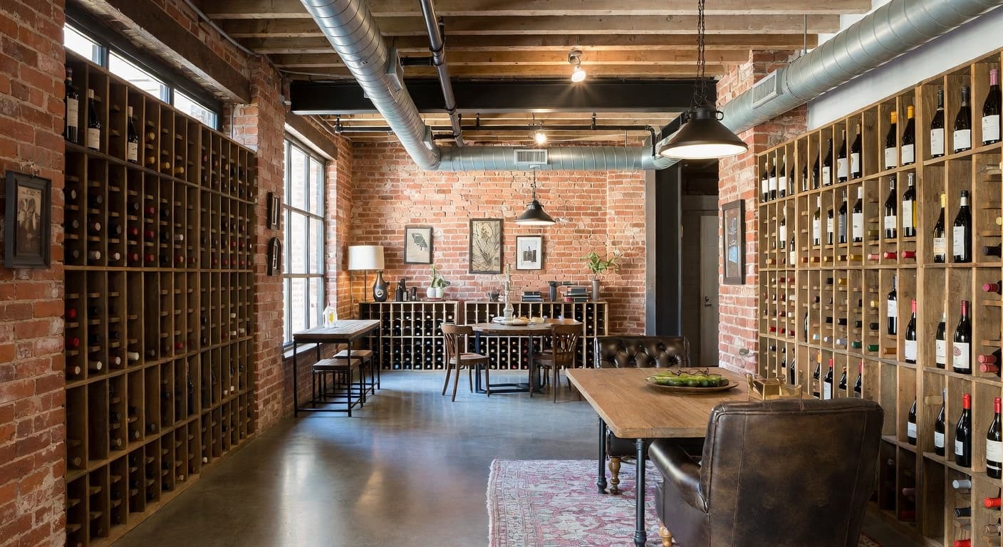 Soft Industrial wine cellar interior design - featuring soft industrial style furniture, decor, colors, and layout ideas for your wine cellar