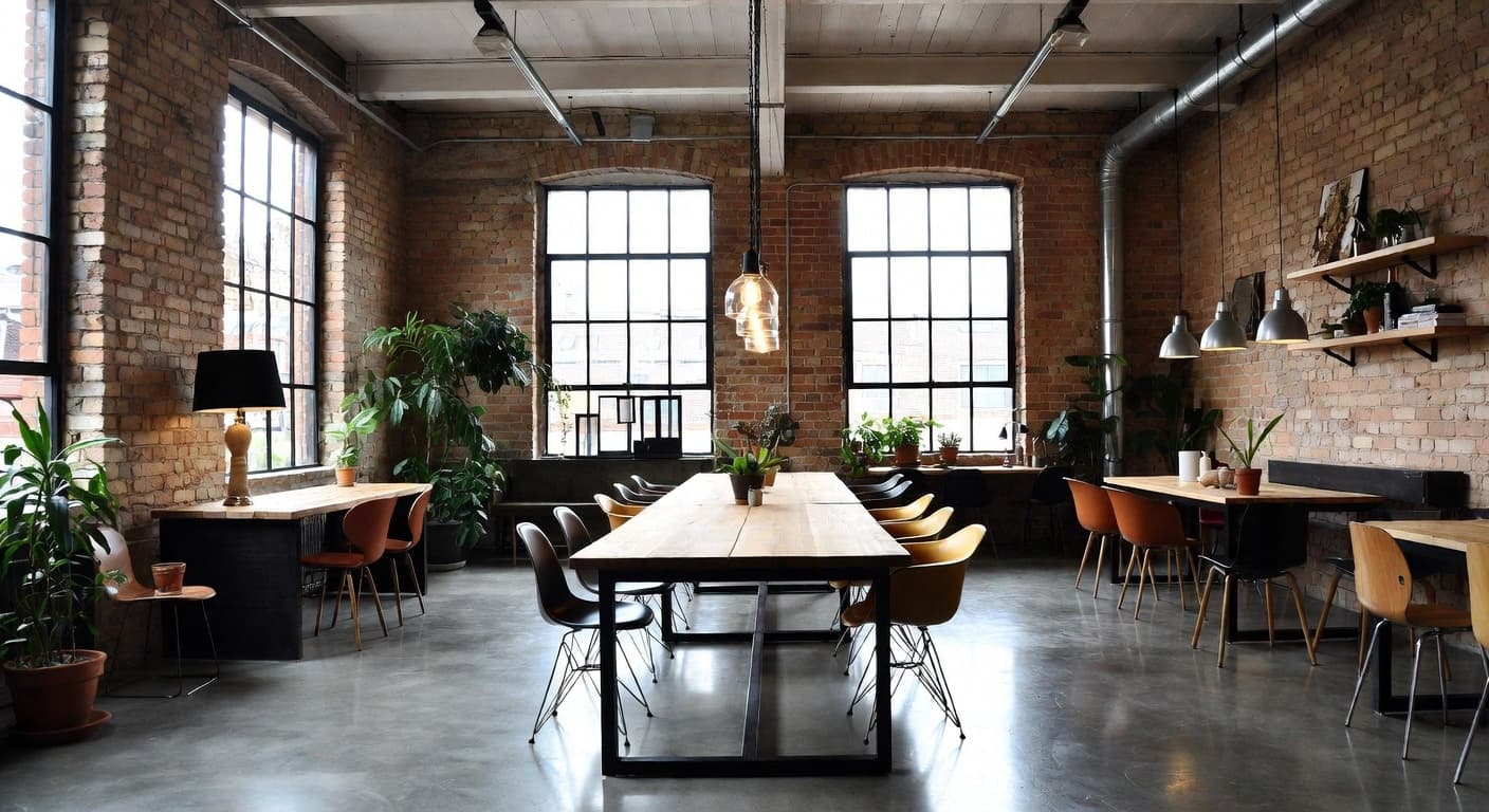 Soft Industrial workshop interior design - featuring soft industrial style furniture, decor, colors, and layout ideas for your workshop