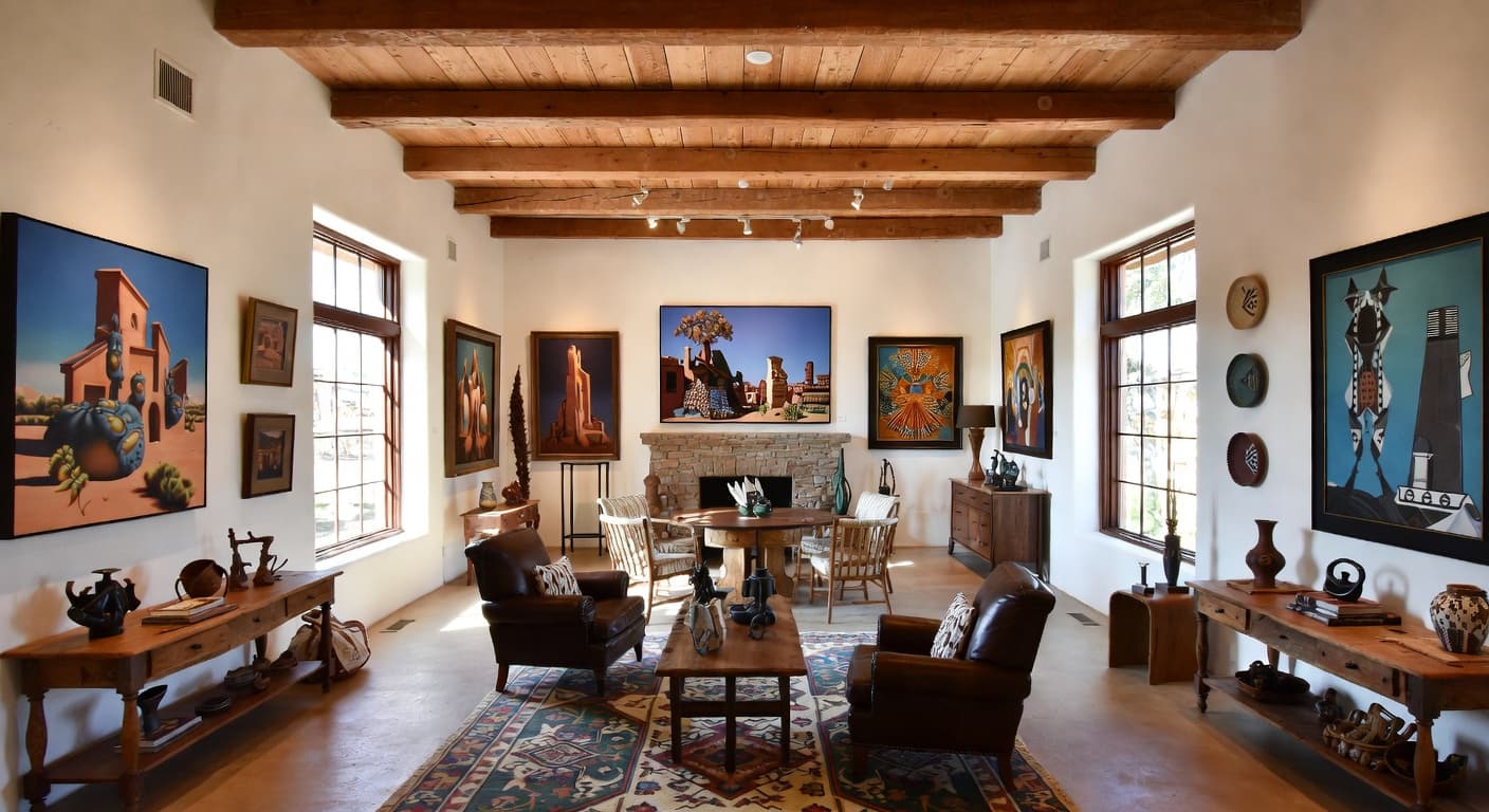 Southwestern gallery / art display interior design - featuring southwestern style furniture, decor, colors, and layout ideas for your gallery / art display