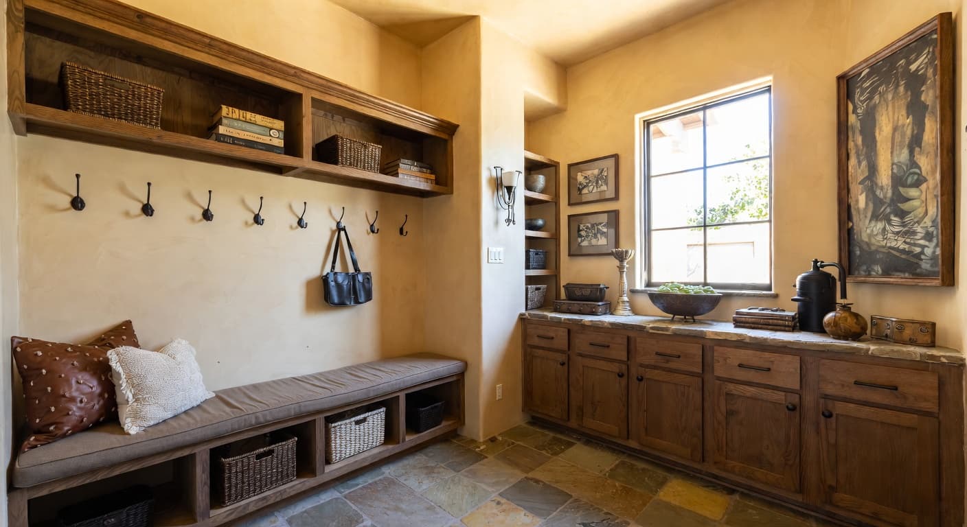Southwestern mudroom interior design - featuring southwestern style furniture, decor, colors, and layout ideas for your mudroom