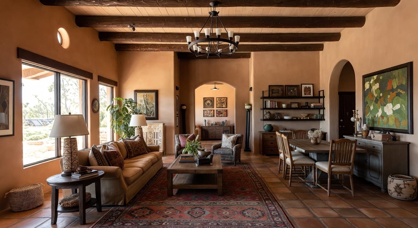 Southwestern multi-purpose room interior design - featuring southwestern style furniture, decor, colors, and layout ideas for your multi-purpose room