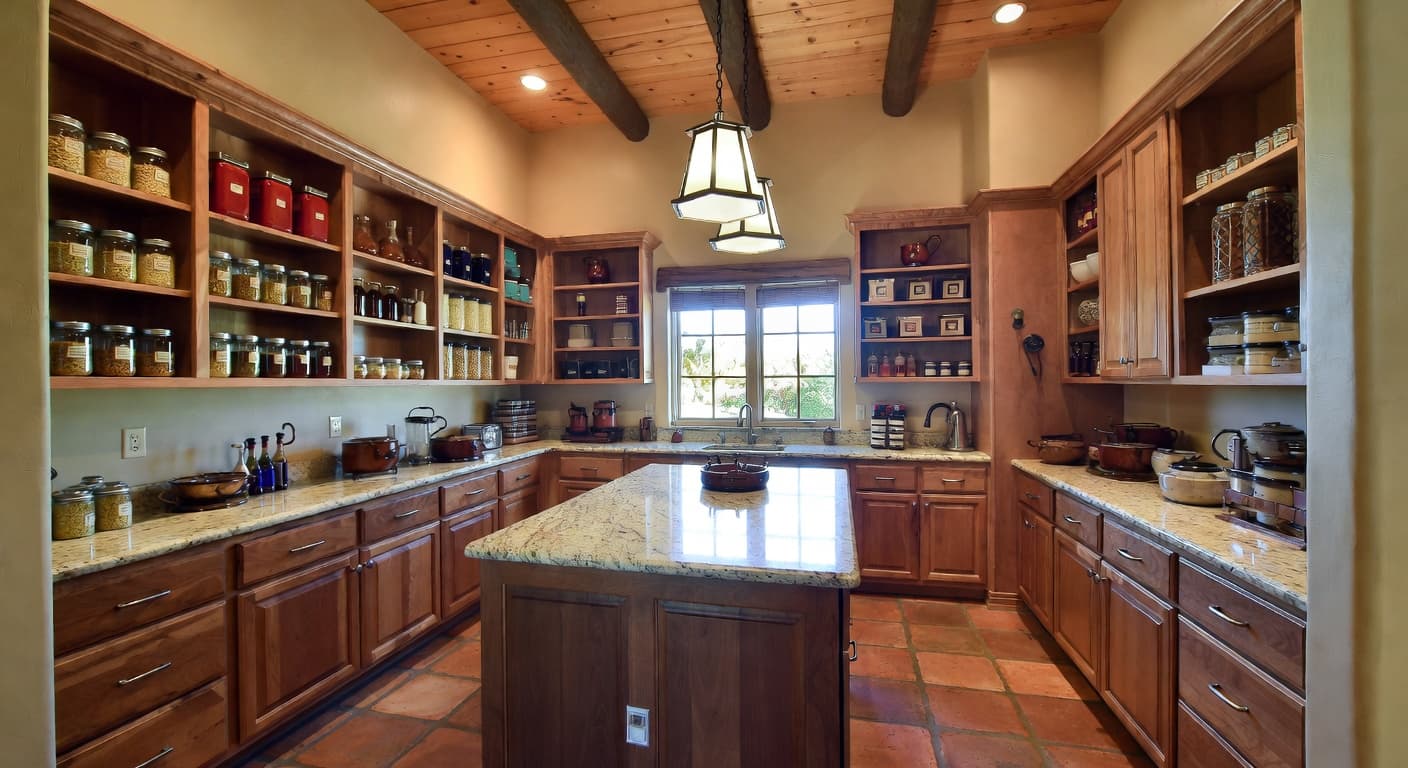 Southwestern pantry interior design - featuring southwestern style furniture, decor, colors, and layout ideas for your pantry